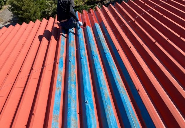 折板屋根を塗装している人